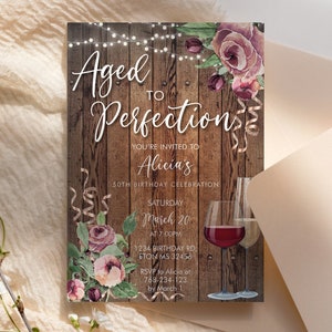 Wine Birthday Invitation Rosegold Wood Template, Aged to Perfection Rose Editable Birthday Party Invite Women, Printable Champagne Glass