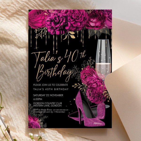 Hot Pink Glitter Stiletto Champagne Birthday Invitation Printable Template, Magenta Shoes Editable Party Dinner Women, Any Age Heels Invite