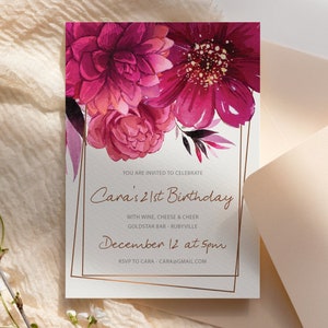 Modello stampabile per invito di compleanno con fiori ad acquerello rosa acceso, modello modificabile per invito di qualsiasi età, biglietto floreale stampabile per donne in oro rosa