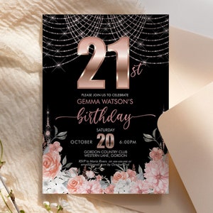 Rosegold Floral Birthday Invitation Template: Glam Diamond Design (Printable File)