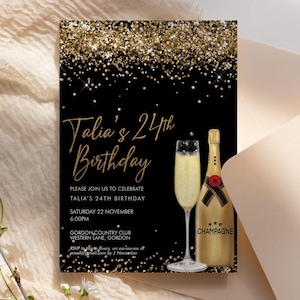 Modello stampabile di invito glitterato champagne oro, invito per festa di compleanno modificabile con cocktail e bevande glitter per donne, biglietto stampabile