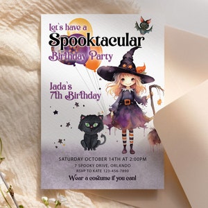 May include: A Halloween-themed birthday party invitation with the text "Spooktacular Birthday Party". The invitation features a watercolor illustration of a witch, a black cat, and balloons. The invitation includes the birthday girl's name and age.