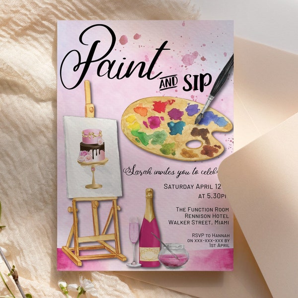 Paint and Sip Pink Gold Invitation Printable, Drinks Editable Birthday Party Women, Printable Card, Champagne Paint Party, Easel, Brushes