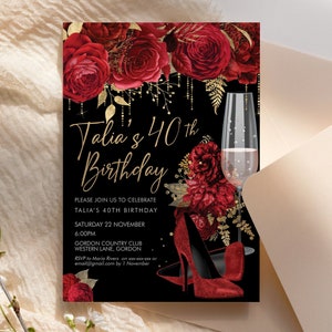 Red Gold Glitter Stiletto Champagne Birthday Invitation Printable Template, Scarlet Shoes Editable Party Dinner Women, Any Age Heels Invite