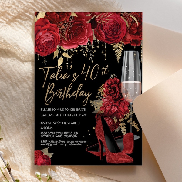 Red Gold Glitter Stiletto Champagne Birthday Invitation Printable Template, Scarlet Shoes Editable Party Dinner Women, Any Age Heels Invite