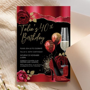 Red Gold Birthday Heels Balloons Invitation Printable Template, Rose Flowers Glitter Editable Party Invitation for Women, Printable Card