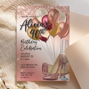 DIY Any Age Birthday Rosegold Heels Balloons Glitter Invitation Printable Template, Gold Glitter Shoes Editable Party Invitation for Women