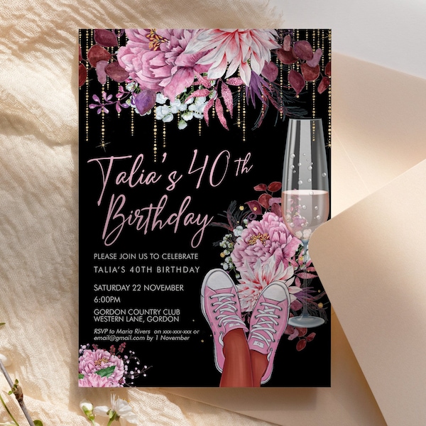 Zapatillas rosas invitación de cumpleaños de champán plantilla imprimible, zapatos rosa pastel cena de fiesta editable mujeres, invitaciones casuales de cualquier edad