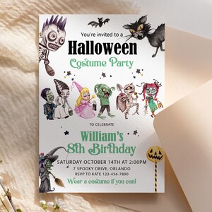 May include: A rectangular Halloween costume party invitation for William's 8th birthday. The card features illustrations of a skeleton, black cat, bat, and various costumed children. Text includes: You're invited to a Halloween Costume Party.