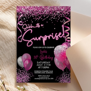 Any Age Neon Pink Its a Surprise Birthday Balloons Invitation Printable Template, Hot Pink Glitter Editable Party Women, Magenta Ribbon Card