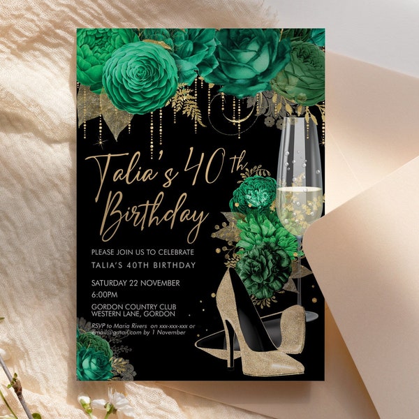 Emerald Green Glitter Stiletto Champagne Birthday Invitation Printable Template Gold Shoes Editable Party Dinner Women, Any Age Heels Invite