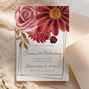 Große Burgunder Herbst Aquarell Blume Geburtstagseinladung druckbare Vorlage, jedes Alter Designer Rosegold bearbeitbar einladen Frauen Blumenkarte