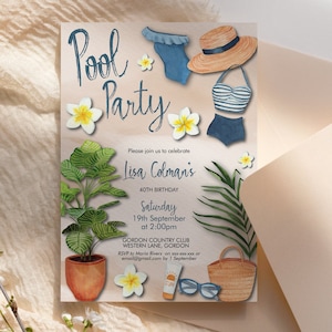 Boho Pool Party Birthday Invitation, Modern Lunch Brunch BBQ Invite, Printable Backyard Party, Tropical Editable Template, Vintage Swimmers