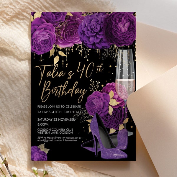 Purple Gold Glitter Stiletto Champagne Birthday Invitation Printable Template, Lavender Shoes Edit Party Dinner Women, Any Age Heels Invite