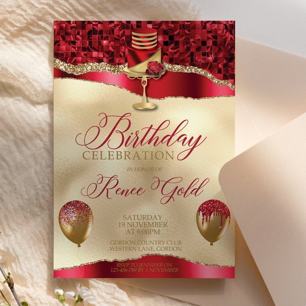 Red Gold Cake Birthday Invitation Printable Template, Scarlett Gold Glitter Editable Party for Women, Any Age Invite, Bright Balloons Foil