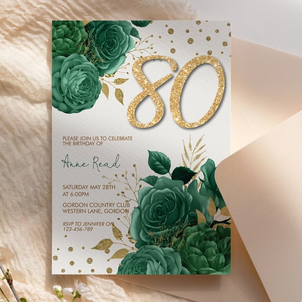 Any Age 50th 60th 70th 80th 90th 100th Birthday Green Gold Glitter Number Floral Invitation Template, Emerald Editable Party Invite Women