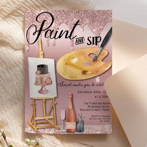Paint and Sip Rose Gold Invitation Printable, Drinks Editable Birthday Party Women, Printable Card, Champagne Glitter Paint Party, Easel