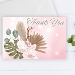 Carte de remerciement orchidée rose, herbe de la pampa, printemps été, merci tropical, carte de remerciement imprimable, eucalyptus floral rose vert indigène