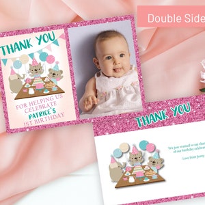 Tarjeta de agradecimiento con foto de animalito rosa, tarjeta de agradecimiento imprimible para niñas, tarjeta de agradecimiento de cumpleaños, tarjeta de agradecimiento para fiestas infantiles, tarjeta con foto con purpurina rosa.