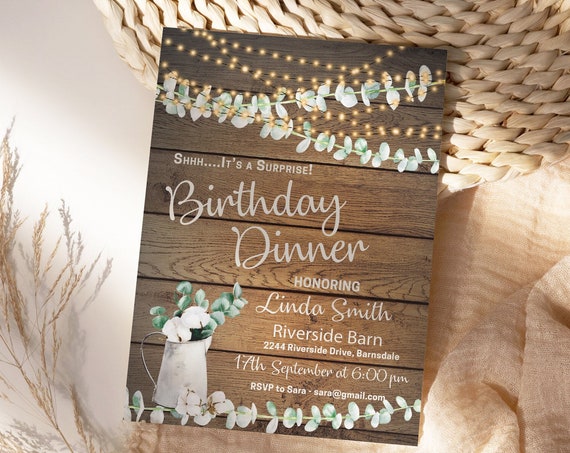 DIY Any Age Birthday Rustic Wood Cotton Eucalyptus Invitation Printable Template, Editable Barn Dinner Party Invite, Country Gold Lights