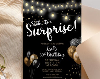 Any Age Gold Its a Surprise Birthday Balloons Invitation Printable Template, Black Glitter Editable Birthday Party Women, Printable Card