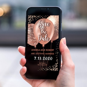 Rosegold Glitter Balloons Save the Date, Electronic Invite, Copper Blush Wedding, Smart phone SMS Digital Editable template, Eco Friendly