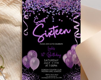 以下が含まれることがあります： 紫と銀のキラキラした紙吹雪が、ネオンピンクの「Sweet Sixteen」の文字が書かれた黒い背景に降っています。この招待状は、7月11日午後7時にゴードンカントリークラブで開催されるリアの16歳の誕生日パーティーのためのものです。6月28日までにマリア・リードにRSVPしてください。