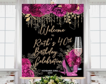Pink Glitter Heels Floral Roses Birthday Welcome Sign Printable Template, Editable Champagne Gold Black Party Sign Women, Printable 24x30