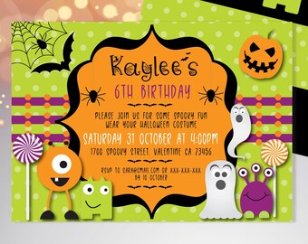May include: A rectangular Halloween birthday invitation card featuring a lime green polka dot background, an orange central frame, and illustrations of ghosts, monsters, bats, spiders, and lollipops. The text reads Kaylee's 6th Birthday.