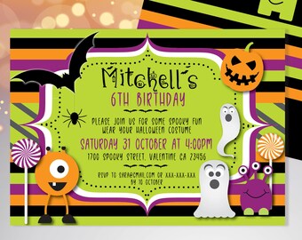 May include: A rectangular Halloween-themed birthday invitation card featuring a lime green center with black, orange, and purple stripes. Text reads Mitchell's 6th Birthday, Saturday 31 October at 4:00pm, 1700 Spooky Street, Valentine CA 23456.