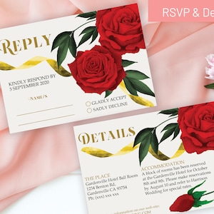 Dettagli di risposta al matrimonio di rose rosse, RSVP a tema Beauty Beast, risposta alla prova, biglietti di auguri con rose rosse acquerellate, stampabili, modello di dettagli modificabili