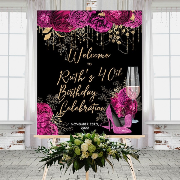 Pink Glitter Heels Floral Roses Birthday Welcome Sign Printable Template, Editable Champagne Gold Black Party Sign Women, Printable 24x30