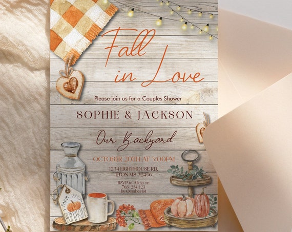 Fall in Love Harvest Couples Shower Party Invitation, Engagement Celebration, Autumn Shower, DIY Printable Backyard Invite, Rustic Wedding