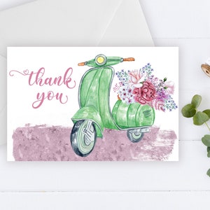 スクーターバイクの花柄サンキューカード、植物柄サンキューカード、印刷可能なサンキューカード、シャワーサンキューカード、ウェディングサンキューカード、ベスパサンキューカード