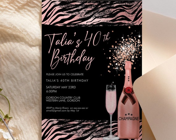 Pink Tiger Champagne Rosegold Glitter Invitation Printable Template, Safari Wild Drinks Glitter Editable Birthday Party Women Printable Card