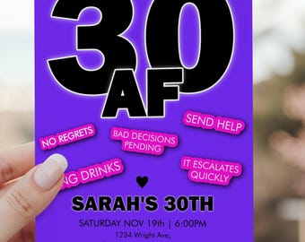 30 AF Invitation | Dirty 30 Birthday Invitation Editable | Adult 30th Party Invite | Girls Night Drinks Template | Corjl Printable