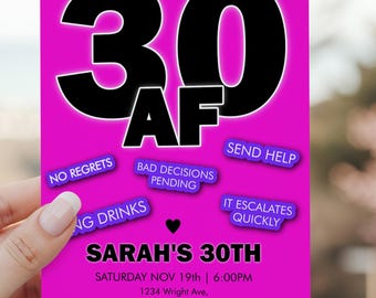 30 AF Invitation | Dirty 30 Birthday Invitation Editable | Adult 30th Party Invite | Girls Night Drinks Template | Corjl Printable