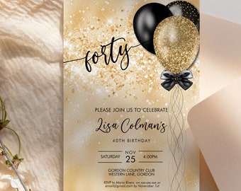 May include: A gold and white birthday invitation with the word "forty" in cursive. The invitation features black and gold balloons, a black bow, and event details. The invitation is for Lisa Colman's 40th birthday.