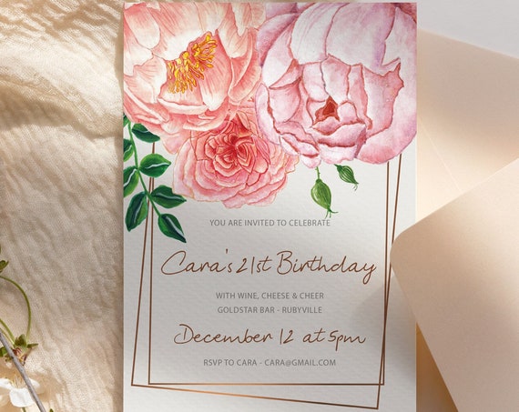 Big Peach Pink Watercolor Flower Birthday Invitation Printable Template, Any Age Designer Apricot Rosegold Editable Invite Women Floral Card