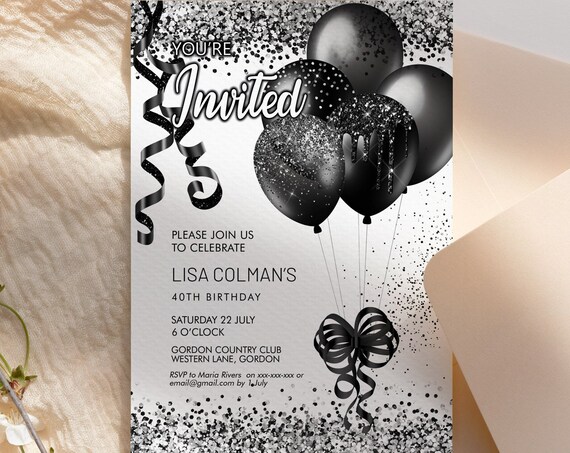 Black Glitter Birthday Balloons Invitation Printable Template, Black Ribbons Editable Birthday Party Invitation, Confetti Printable Card