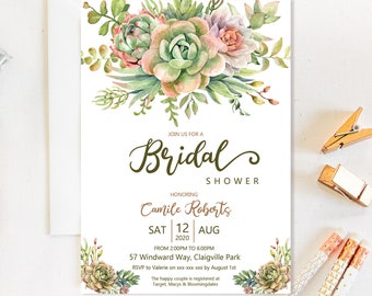 Succulent Bridal Shower Invitation: Watercolor Cactus Bouquet (Editable Template)
