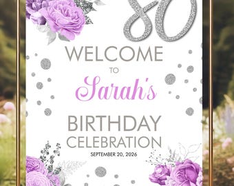Mauve Roses Silver Glitter Birthday Welcome Sign: Editable Template (24x30 Printable), Silver Age Sign