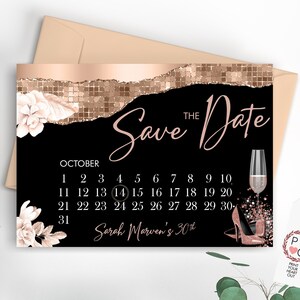 Calendário floral Rosegold Shoes Save Our Date, elegante Save the Date, cartão de data floral dourado para impressão, cartão digital para salvar datas com glamour