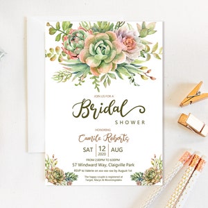 Convite para chá de panela com flores suculentas, convite para chá de panela verde, chá de panela para imprimir, modelo editável, buquê de cactos em aquarela