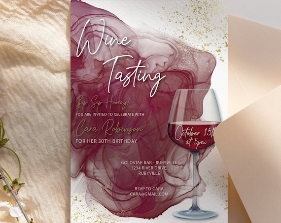 Wine Tasting Birthday Invitation Printable Template, Gold Glitter Burgundy Maroon Red Wine Editable Party Invite, Drink Dinner Party Card
