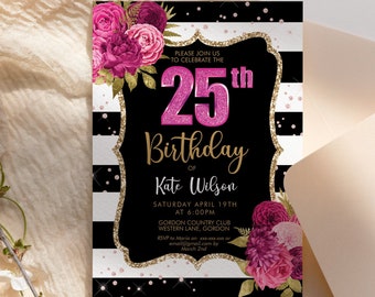 Hot Pink Gold Glitter Floral Birthday Invitation Printable Template, Magenta Flower Editable Party Dinner Women, Any Age Black White Stripes