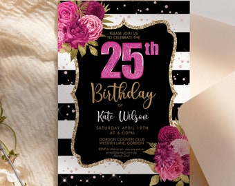 Blumen Geburtstagseinladung: Pink, Gold Glitter, schwarze Streifen (Printable Vorlage)