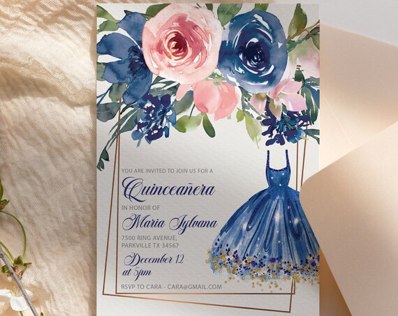 Quinceanera Invitation Printable Template, Blue Roses Pink Dress Invite, Fiesta de Quince, Mis Quince Anos Editable Template 15th Birthday,