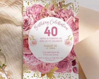 Pink Roses Birthday Invitation: White Gold Confetti (Printable Template)