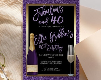 Any Age Purple Gold Birthday Champagne Glass Invitation Printable Template, Lavender Glitter Editable Birthday Dinner Women, Printable Card